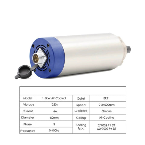 Beast 1.5KW 220V ER11 CNC Spindle Motor With Air Cooling, 80mm Clamp Bracket, shown with technical specifications