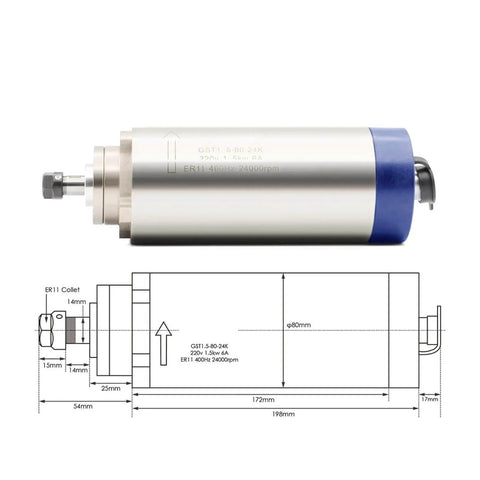 Front view of Beast 1.5KW 220V ER11 CNC Spindle Motor With Air Cooling and diagram, showing 80mm bracket and detailed measurements.