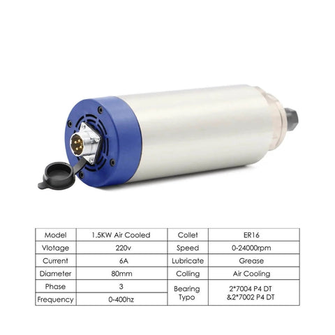 Air Cooled Spindle Motor 1.5KW ER16 With 110V And 220V VFD Inverter detail view showing specifications and aluminum housing
