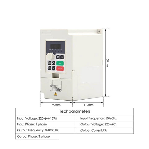 VFD Inverter for Air Cooled Spindle Motor 1.5KW ER16 With 110V And 220V; dimensions and tech specs visible