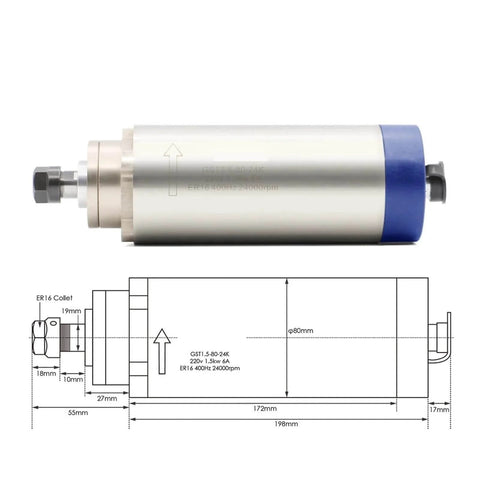Air Cooled Spindle Motor 1.5KW ER16 With 110V And 220V VFD Inverter 80mm Bracket with technical drawing