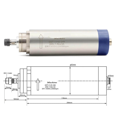 ER11 Air Cooled Spindle 1.5 Kilowatt Woodworking Spindle Motor 24000rpm With 65 By 204mm Size, blueprint and photo