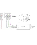 Wiring diagram for 1.5kW ER11 Air Cooled Spindle For CNC Router 220V 380V with inverter connections and wiring terminals visible.