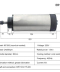 Diagram of 1.5kW ER11 air cooled spindle for CNC router 220V 380V, detailing dimensions, 24000 RPM speed, and specifications.