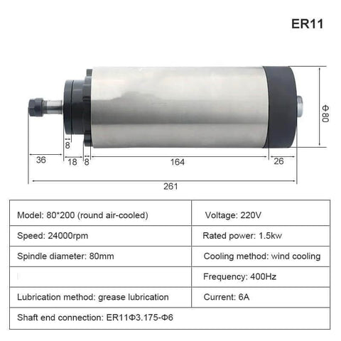 Diagram of 1.5kW ER11 air cooled spindle for CNC router 220V 380V, detailing dimensions, 24000 RPM speed, and specifications.
