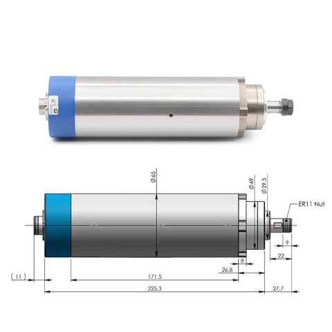 Diagram and photo of 1.5KW ER11 D65 110V Air Cooled Spindle Motor Kit with 65mm bracket for CNC routers and mills