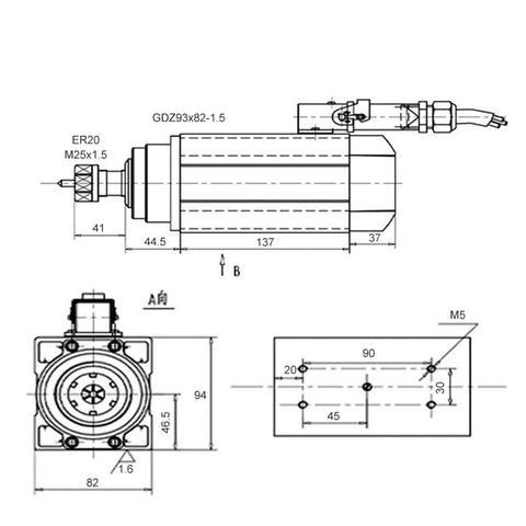 Technical diagram of 1.5kW NC Square Spindle Motor For CNC Milling, ER20 Chuck, 4 Bearing High Speed Spindle, Dual 220V/380V Voltage, Air Cooled CNC Spindle With Rugged Build And Smooth, Quiet Operation For Precise Aluminum And Steel Milling