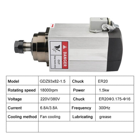1.5kW NC Square Spindle Motor For CNC Milling, ER20 Chuck, 4 bearing, dual 220V/380V, air cooled robust spindle motor