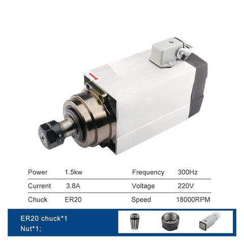 1.5kW NC Square Spindle Motor For CNC Milling, ER20 Chuck, dual 220V/380V voltage, air-cooled design for precise milling.