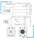 Technical drawing of 1.5kW ER20 CNC Spindle Motor With Square Spindle For Milling Water Cooled Quiet Operation High Speed Live Spindle.
