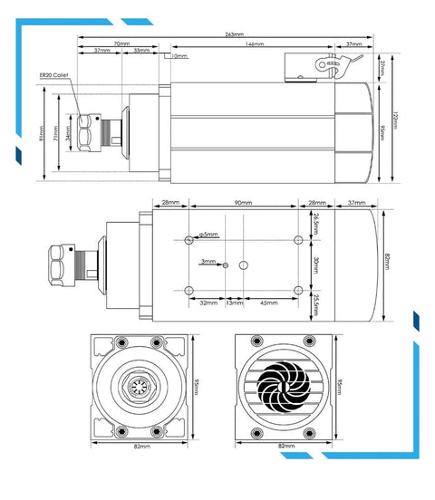 Technical drawing of 1.5kW ER20 CNC Spindle Motor With Square Spindle For Milling Water Cooled Quiet Operation High Speed Live Spindle.