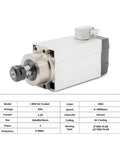 1.5kW ER20 CNC Spindle Motor With Square Spindle For Milling Water Cooled Quiet Operation High Speed Live Spindle With Four 0.01mm Runout Bearings 220V Power Ideal For Precise Milling Carving And Detail Work Like A Boss displayed on a white background with technical specifications.