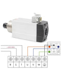 1.5kW ER20 CNC Spindle Motor with square spindle, wiring diagram shown, for milling water cooled quiet operation high speed 220V power
