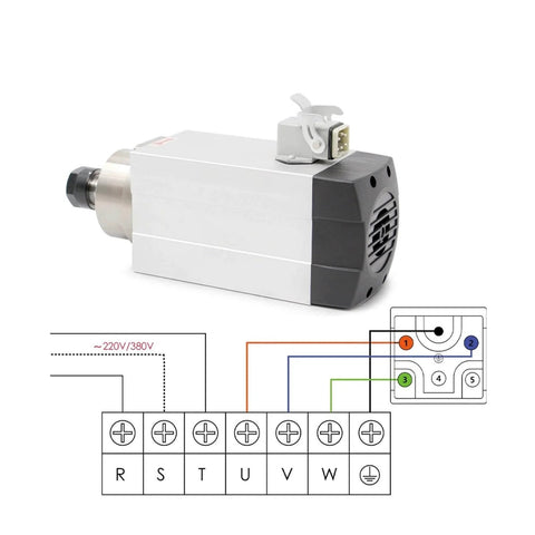 1.5kW ER20 CNC Spindle Motor with square spindle, wiring diagram shown, for milling water cooled quiet operation high speed 220V power