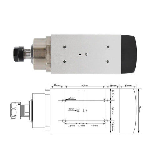 1.5kW ER20 CNC Spindle Motor With Square Spindle For Milling Water Cooled Quiet Operation schematic and side view diagram