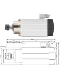 Image of 1.5kW ER20 CNC Spindle Motor with square spindle and specifications for milling, highlighting water-cooled feature and precise bearings.