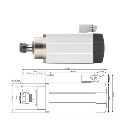 Image of 1.5kW ER20 CNC Spindle Motor with square spindle and specifications for milling, highlighting water-cooled feature and precise bearings.