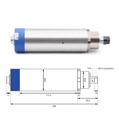 1.5KW ER16 Air Cooled Spindle Motor Kit With 220V Inverter And 65mm Bracket detailed view with dimensions for CNC machining