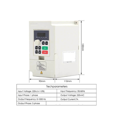 Beefy 1.5kW ER16 Air Cooled CNC Spindle Motor Kit VFD display showing controls and dimensions, suitable for milling and engraving.