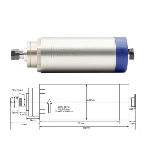 Beefy 1.5kW ER16 Air Cooled CNC Spindle Motor Kit With 80x200mm Frame Four Bearings 0.01mm Runout schematic diagram
