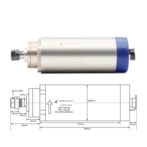Dope 1.5kW ER16 Air Cooled Spindle Motor Kit With 80x200mm Size, blueprint and technical dimensions shown