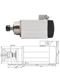 Side view of 1.5kW ER20 Spindle Motor With Flange, Four Bearings, Square Housing, Air Cooled CNC Spindle with technical drawing, 220V