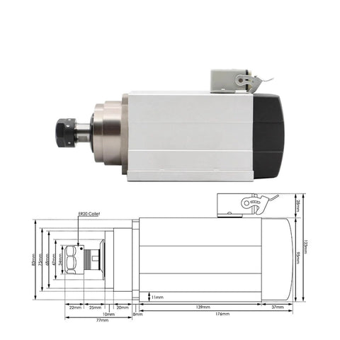 Side view of 1.5kW ER20 Spindle Motor With Flange, Four Bearings, Square Housing, Air Cooled CNC Spindle with technical drawing, 220V