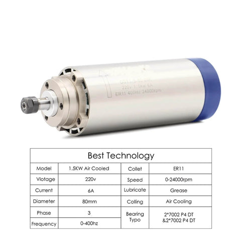 Powerful 1.5kW ER11 80mm Air Cooled Spindle Motor With Four Bearings, 24000 RPM, 400Hz, Woodworking CNC Tool For Precise Cuts