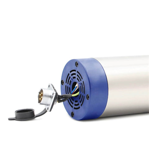 Back view of Powerful 1.5kW ER11 80mm Air Cooled Spindle Motor With Four Bearings, 24000 RPM, wiring and cooling fan visible