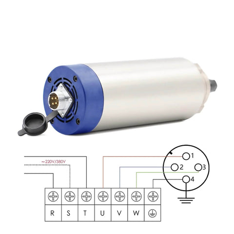 Powerful 1.5kW ER11 80mm Air Cooled Spindle Motor With Four Bearings, 24000 RPM, wiring diagram visible
