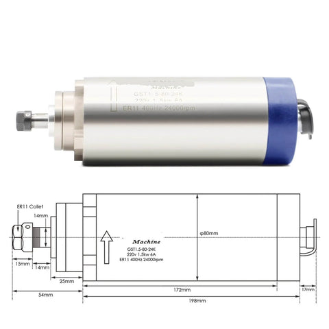 Powerful 1.5kW ER11 80mm Air Cooled Spindle Motor With Four Bearings, 24000 RPM, 400Hz, diagram and specs, woodworking CNC tool