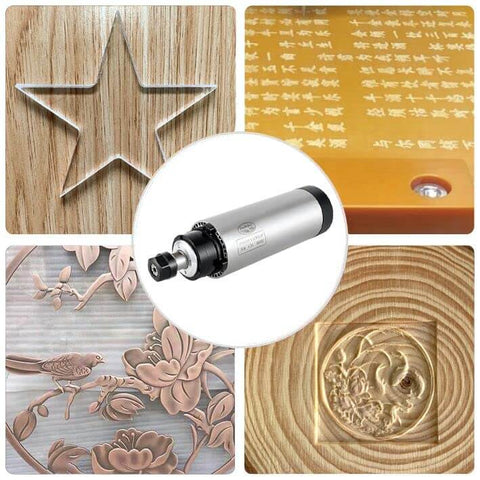 Powerful 1.5KW 110V Air Cooled CNC Spindle Motor for CNC Router Machines, 65mm Body, 24000 RPM, detailed wood and metal cuts around spindle