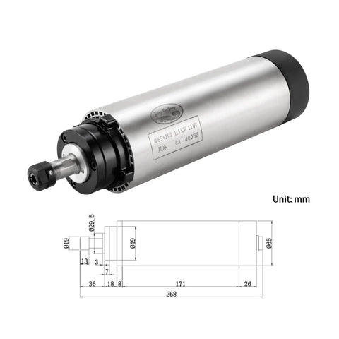 Powerful 1.5KW 110V Air Cooled CNC Spindle Motor For CNC Router Machines 65mm Body 24000 RPM 400Hz with diagram view