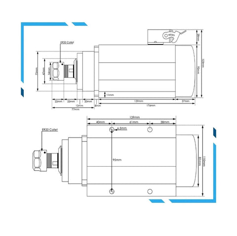 Technical diagram of ER20 Air Cooled Spindle Motor Square Type With Flange 1.5kW Frequency Drive 220V Four Bearings