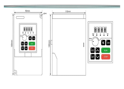 Diagram of 1.5 kW inverter VFD for Beefy 1.5 kW ER11 Air Cooled Spindle Motor with control panel and dimensions
