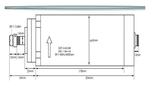 Diagram of Beefy 1.5 kW ER11 Air Cooled Spindle Motor For CNC Machines detailing measurements and specifications.