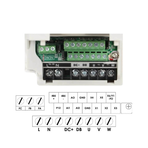 Connection ports of 1.5 kW inverter VFD for Beefy 1.5 kW ER11 Air Cooled Spindle Motor CNC precision milling setup.