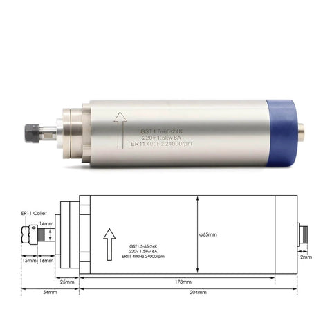 Beefy 1.5 kW ER11 Air Cooled Spindle Motor For CNC Machines With Four Bearings Includes 1.5 kW Inverter VFD And 65mm Aluminum Bracket 110 Volt