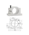 Diagram and view of 65mm bracket for 1.5 kW ER11 Air Cooled Spindle with Four Bearings, showing dimensions and design features.
