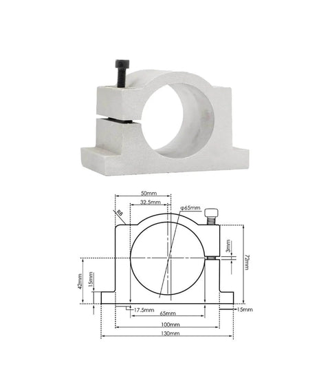 Diagram and view of 65mm bracket for 1.5 kW ER11 Air Cooled Spindle with Four Bearings, showing dimensions and design features.