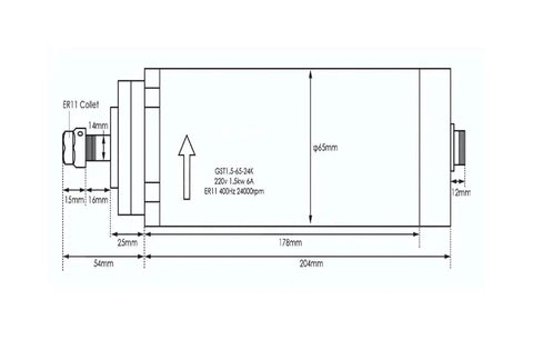 Technical diagram of 1.5 kW ER11 Air Cooled Spindle With Four Bearings, High Speed Axial Preload For Extra Stiffness, 24000 RPM