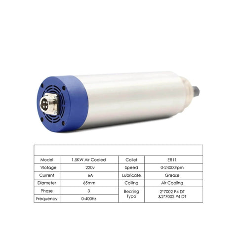 1.5 kW ER11 Air Cooled Spindle With Four Bearings, 24000 RPM, 65x204mm housing, pro grade tool for precision CNC jobs