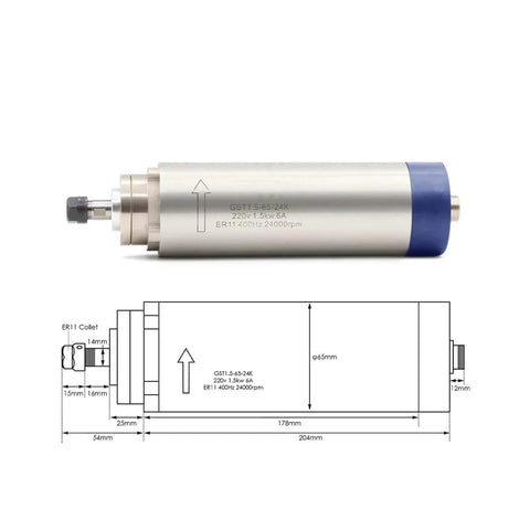 1.5 kW ER11 Air Cooled Spindle with Four Bearings, 24000 RPM, 65x204mm housing, and 65mm bracket with technical diagram