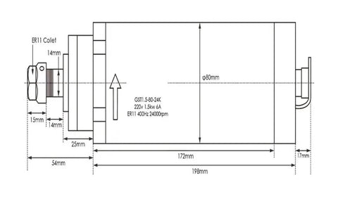 Technical drawing of 1.5kW ER11 Air Cooled CNC Spindle, 80mm shaft, 4 bearings, for precise milling, with detailed dimensions and components.