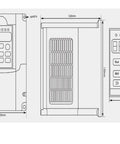 Technical diagram of a 380V inverter for the Beefy 1.5kW ER20 Spindle Motor with dimensions and control panel layout.