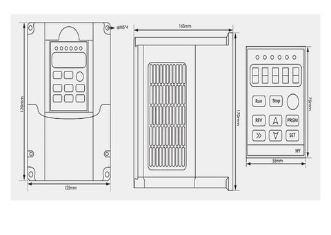 Technical diagram of a 380V inverter for the Beefy 1.5kW ER20 Spindle Motor with dimensions and control panel layout.