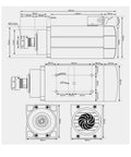 Technical blueprint of Beefy 1.5kW ER20 Spindle Motor With Water Cooled System Square Spindle Four Bearings 0.01mm Accuracy 380V Inverter Ready