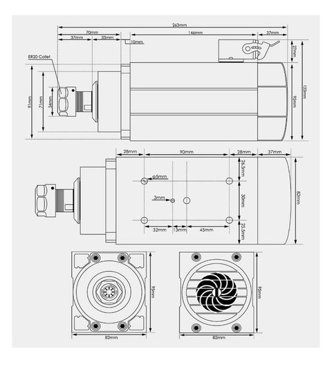 Technical blueprint of Beefy 1.5kW ER20 Spindle Motor With Water Cooled System Square Spindle Four Bearings 0.01mm Accuracy 380V Inverter Ready