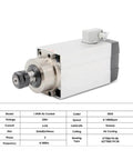 Beefy 1.5kW ER20 Spindle Motor With Water Cooled System Square Spindle Four Bearings 0.01mm Accuracy 380V Inverter Ready