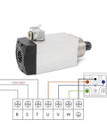 Beefy 1.5kW ER20 Spindle Motor with water-cooled system, square design, shown with wiring diagram, 380V inverter ready